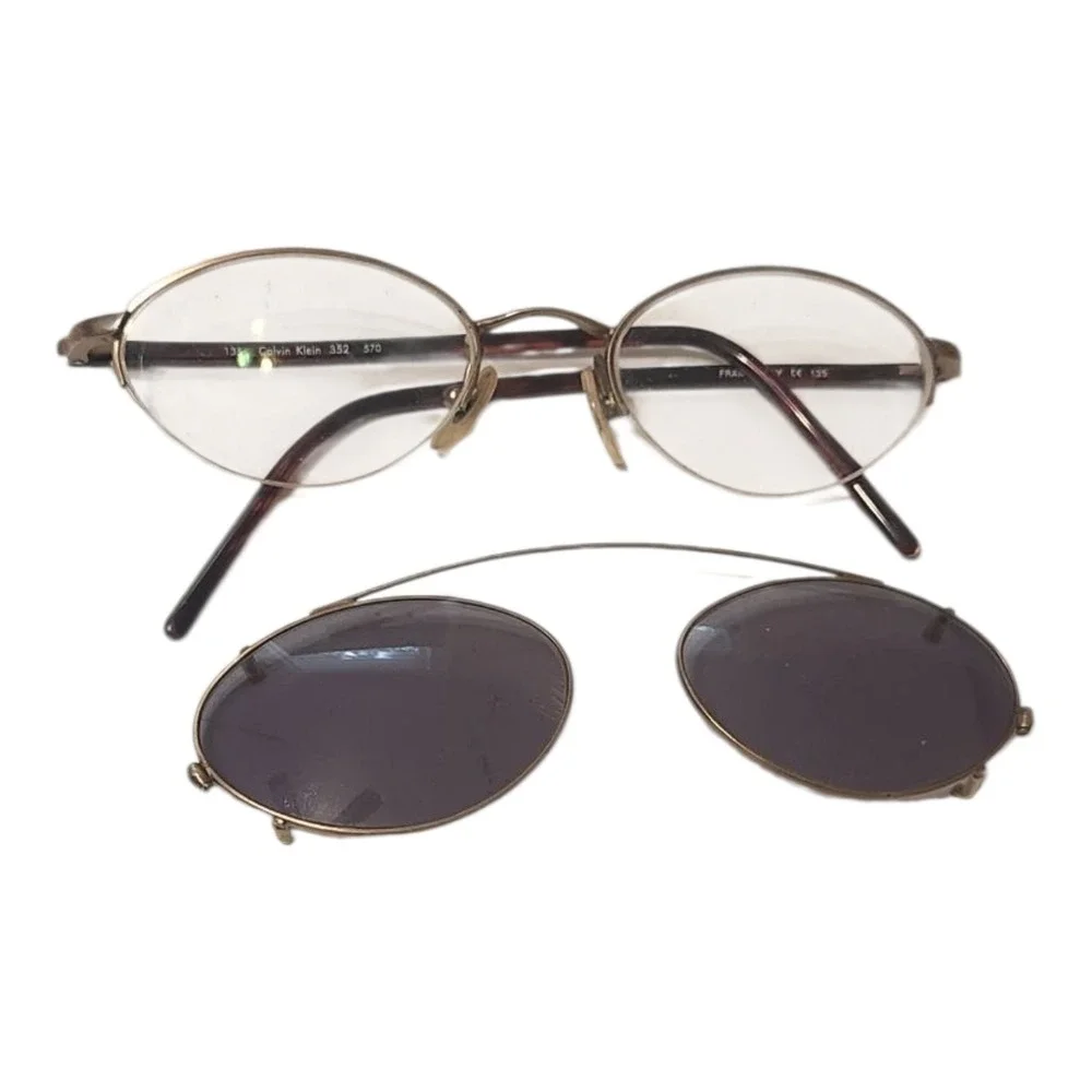 Calvin Klein 332‎ 570 Vintage Oval Eye Glasses Frames with Clip On Sunglasses